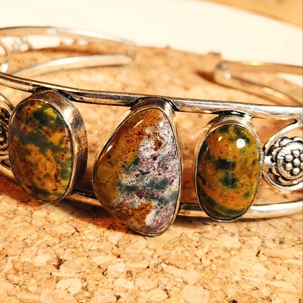 Fabulous,925 Sterling Slvr Plated Bracelet/3 Beautiful One-Of-A-Kind Bloodstones